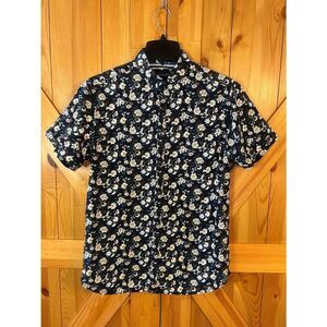 Denim & Flower Button Down Short Sleeved Shirt Dark Blue White Size Medium (5326